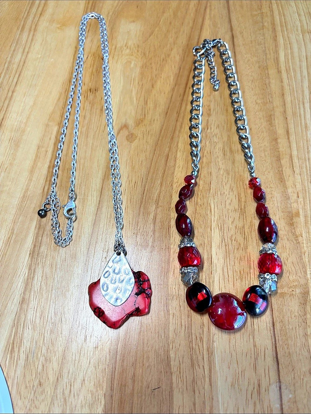 Red & Silver Beaded Pendant Necklace Set